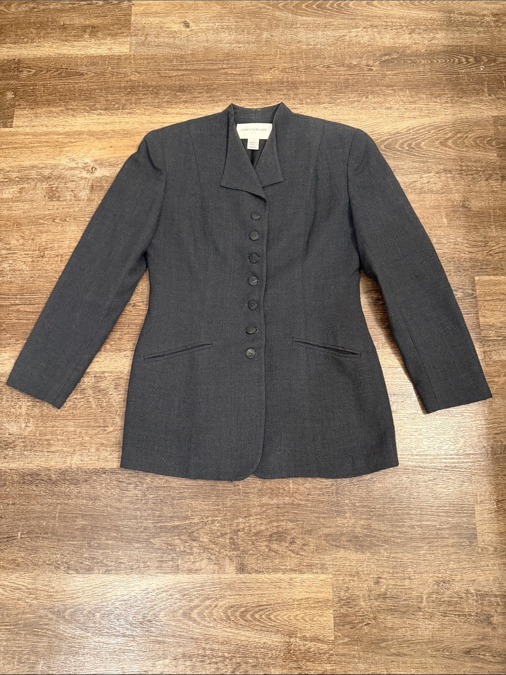100% Wool Vintage Jones New York Dark Gray Women's Structured Button Blazer